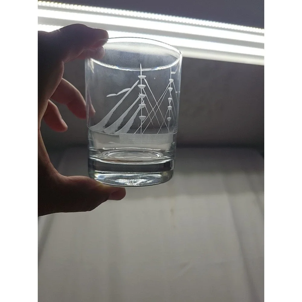 Javit Etched Crystal Clipper Ship Double Old Fashion‎ Set Sail With Set Of 4